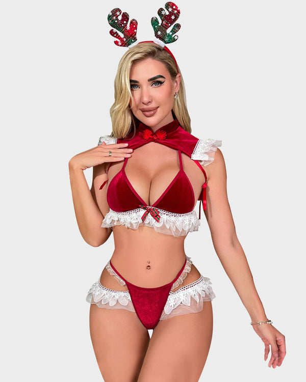 Christmas Velvet Lace Trim Lingerie Set with Reindeer Ears