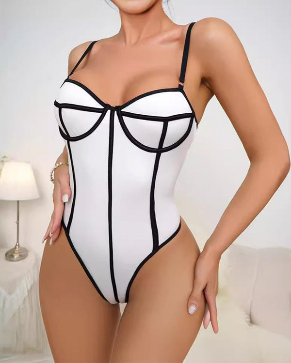 Stylish Contrast Trim Snatching Low Back Bodysuit