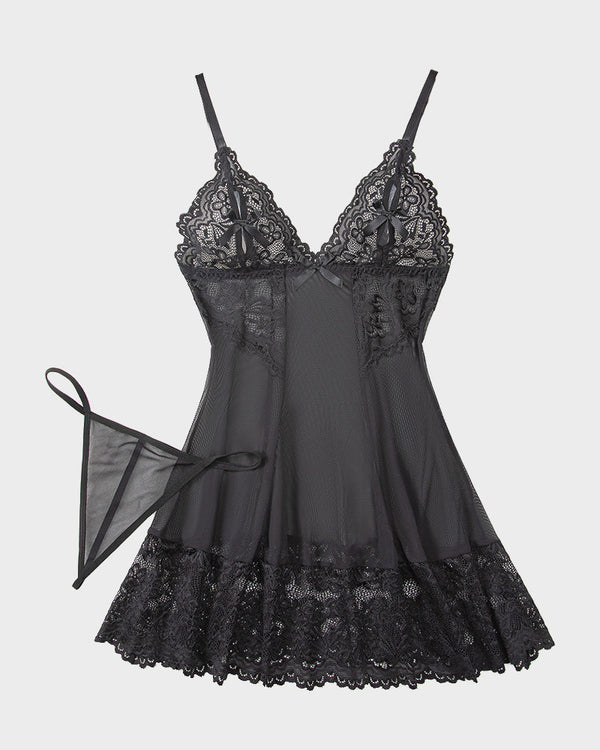 Sheer Lace Mesh Nightgown with G-String